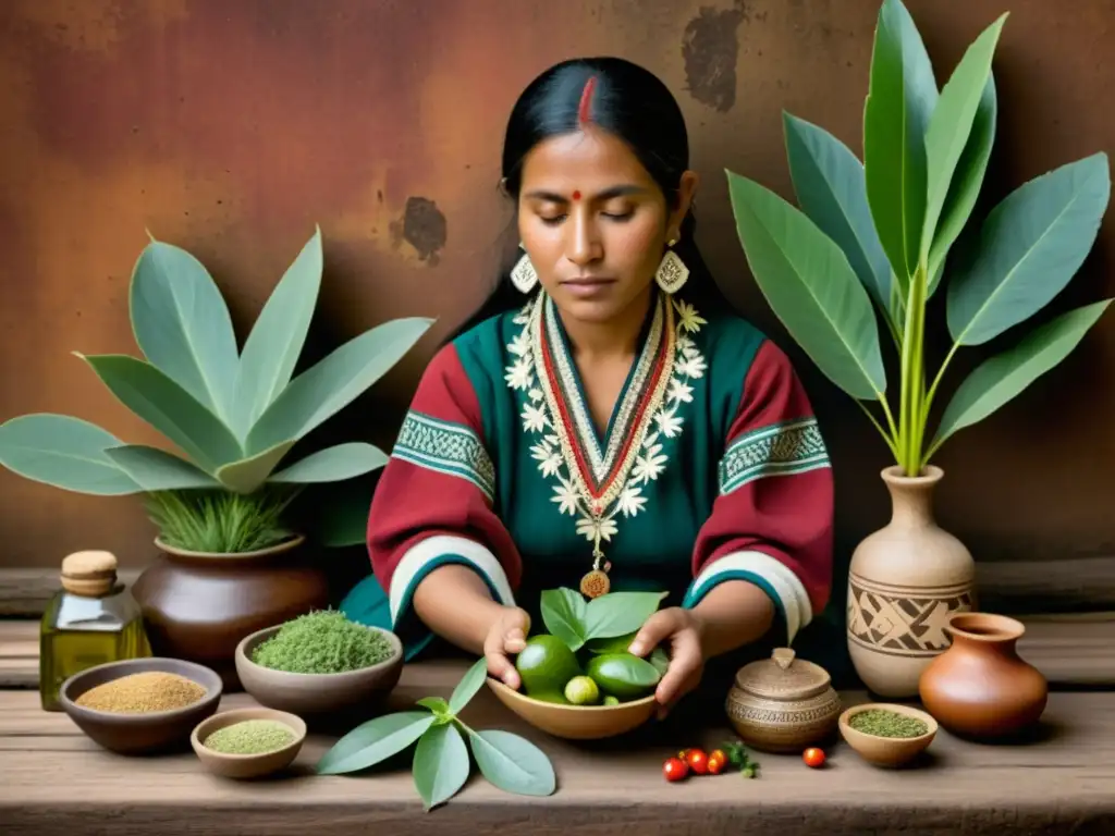 Un sabio curandero andino prepara una medicina tradicional rodeado de plantas medicinales