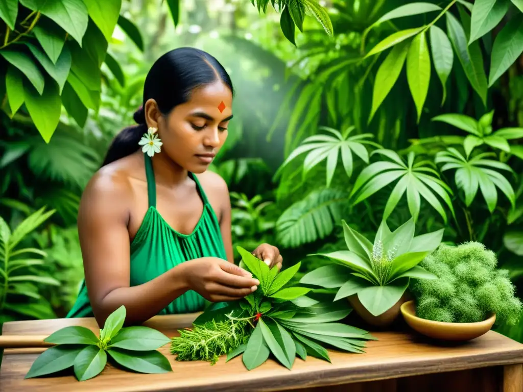 Un sabio curandero indígena selecciona hierbas medicinales en la exuberante selva