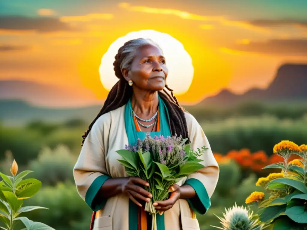 Un sabio curandero rodeado de plantas medicinales al atardecer