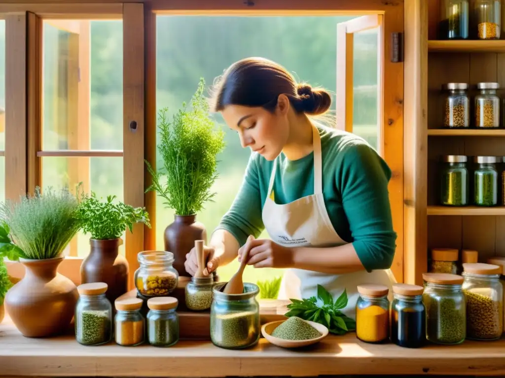 Un sabio herborista mezcla hierbas en un mortero rodeado de ingredientes botánicos, con luz cálida entrando por la ventana