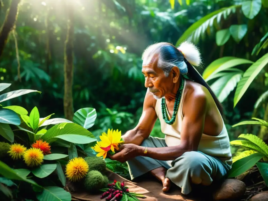 El sabio chamán guaraní selecciona hierbas medicinales en la exuberante selva, conectado con la naturaleza