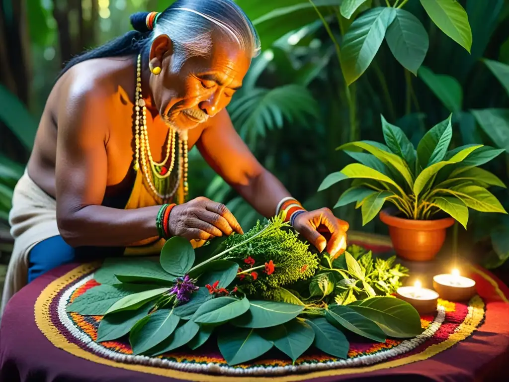 Un sabio chamán elige hierbas y plantas coloridas en la selva, mostrando la riqueza de la medicina tradicional y su potencial en estudios clínicos