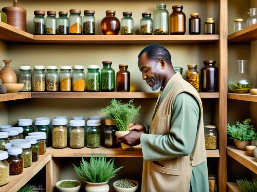 Un sabio hombre africano selecciona y prepara hierbas medicinales en su laboratorio tradicional