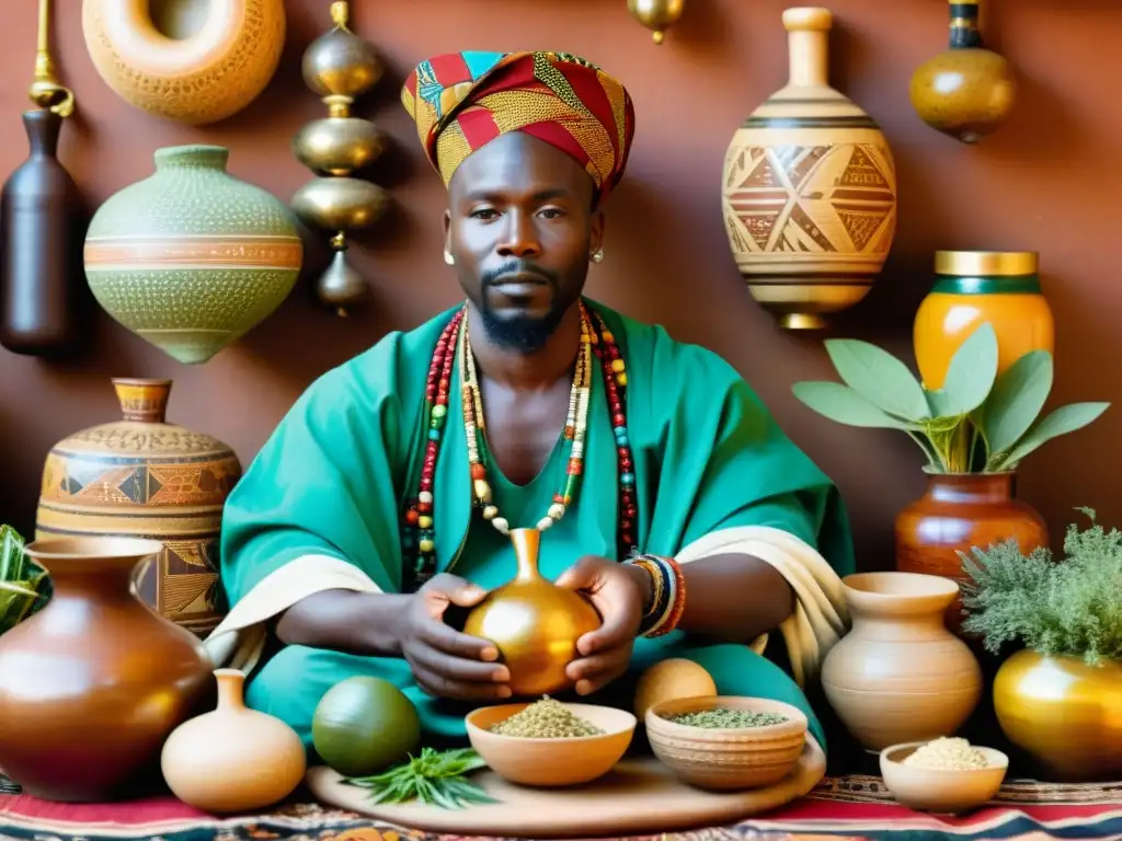 Un sabio hombre de medicina africana en un bullicioso mercado, rodeado de hierbas y herramientas curativas tradicionales