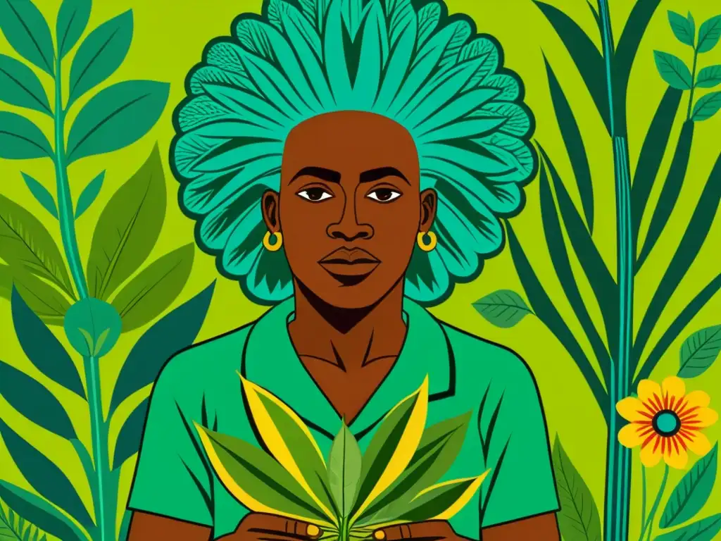 Un sabio hombre de medicina africano recolectando plantas medicinales en la exuberante naturaleza, reflejando la rica cultura africana