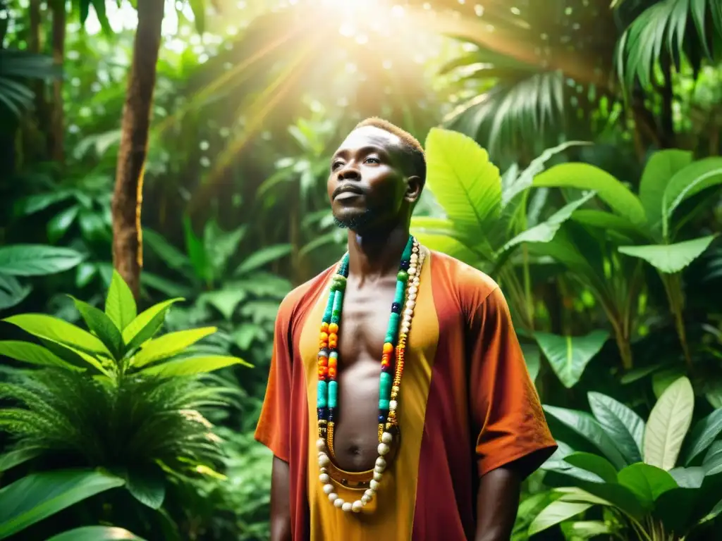 Un sabio hombre de la medicina tradicional africana en la exuberante selva, con hierbas y vestimenta colorida