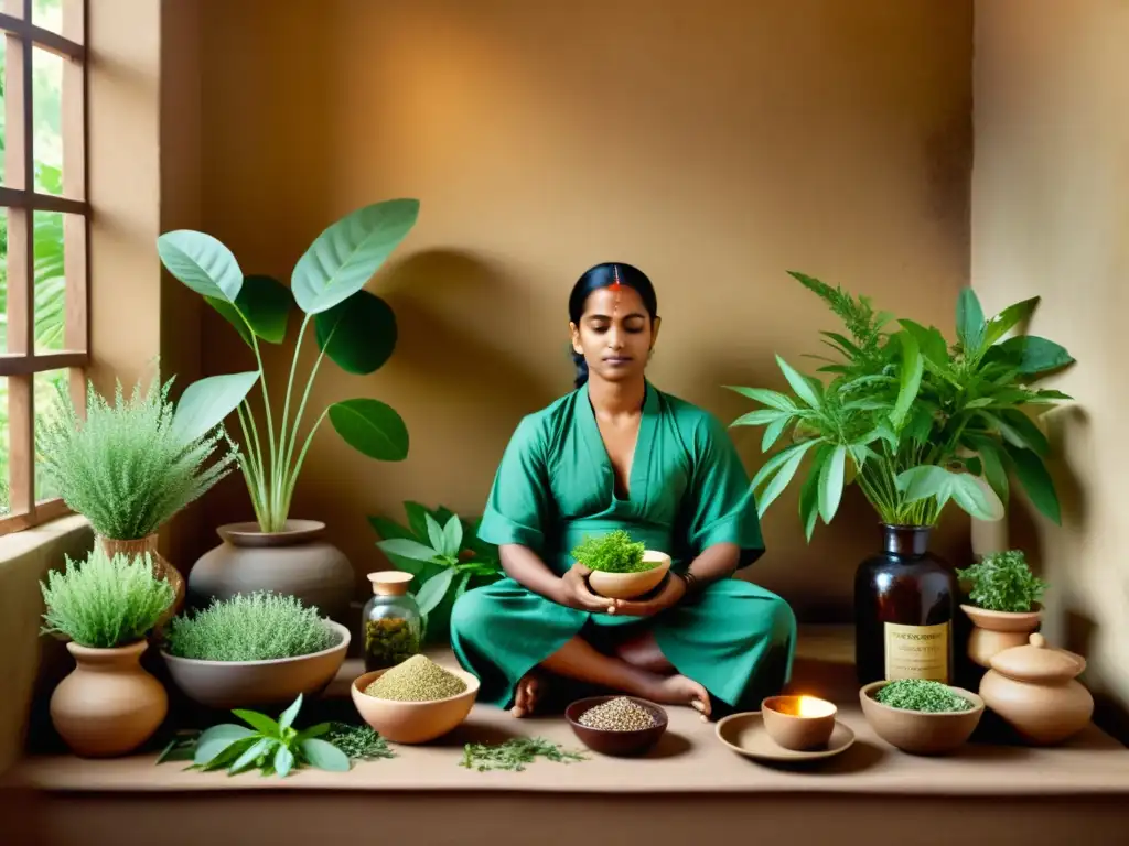 Un sabio practicante de Ayurveda en la India antigua, rodeado de hierbas y preparando remedios naturales en un entorno vintage