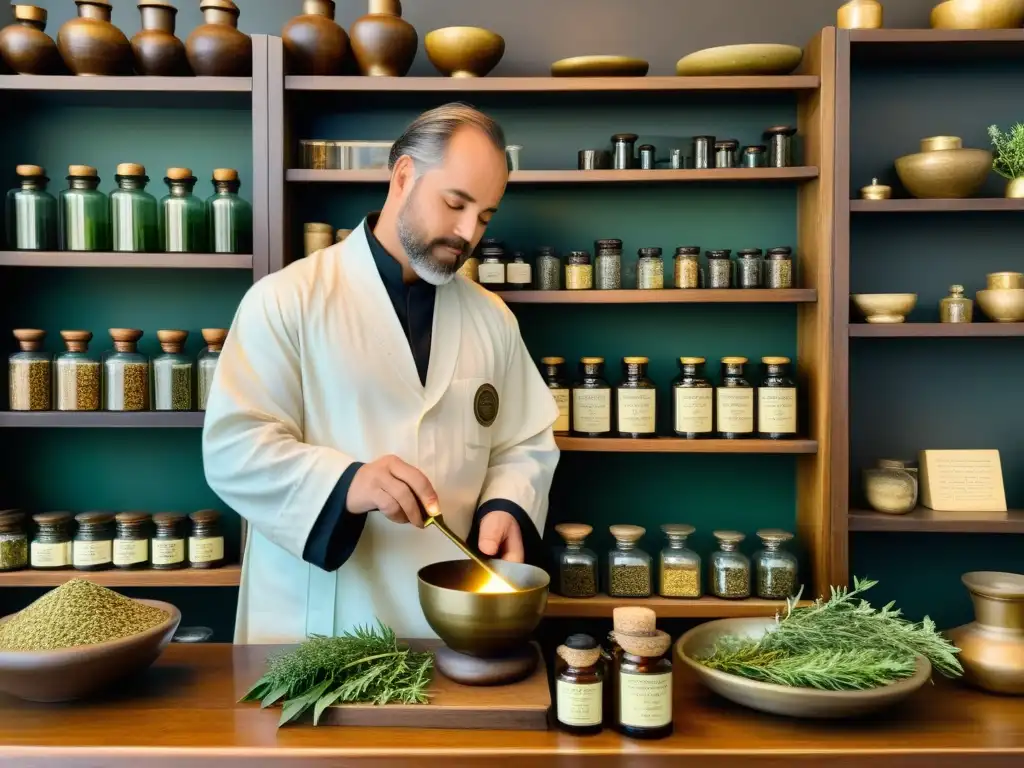 Un sabio practicante de medicina tradicional prepara una poción herbal en una vieja botica a la luz tenue, rodeado de hierbas y textos antiguos