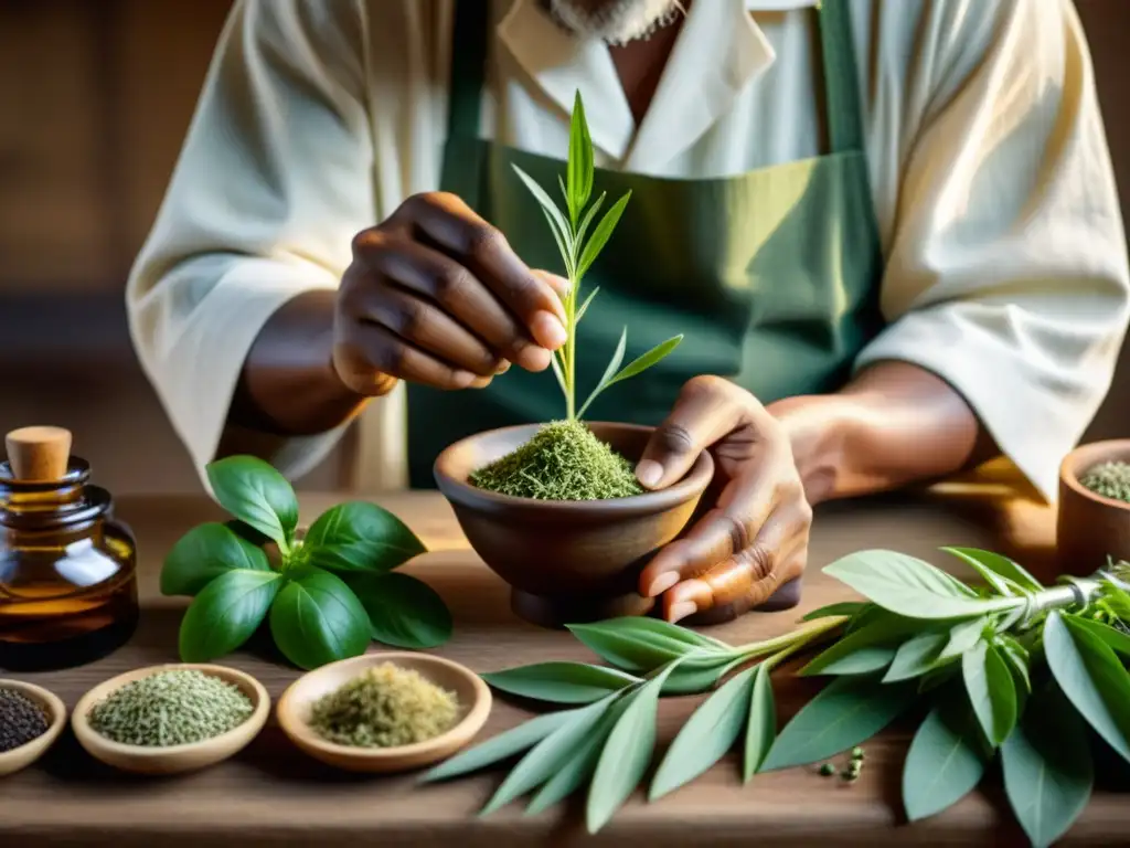 Un sabio practicante de medicina tradicional selecciona hierbas con cuidado, exudando sabiduría ancestral y la eficacia de los remedios tradicionales