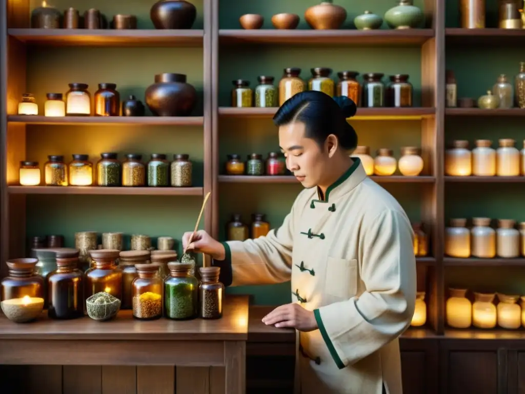 Un sabio practicante de medicina tradicional china mezcla hierbas en un apotecario vintage, transmitiendo una atmósfera de sabiduría ancestral