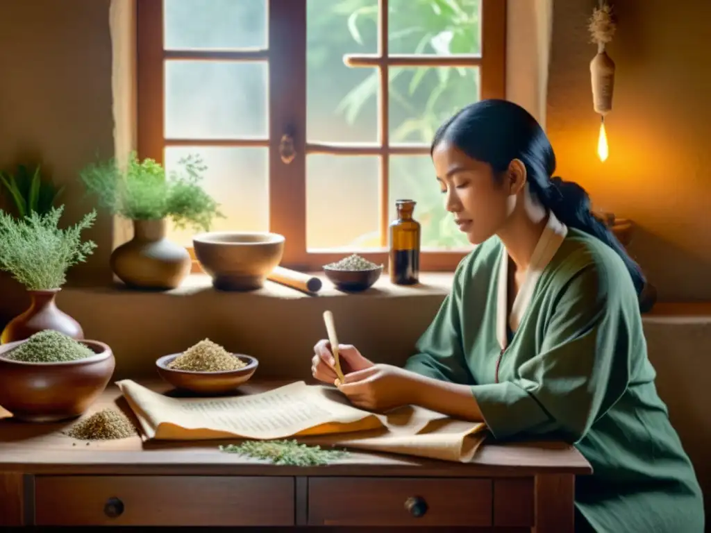 Práctica de medicina tradicional: diálogo sabio y compasivo Un sabio practicante de medicina tradicional conversa con un paciente, destacando la importancia del consentimiento informado