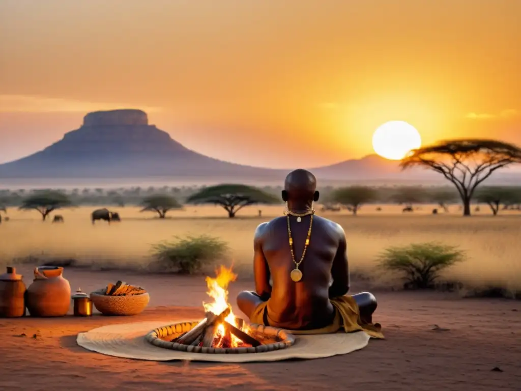 Un sabio ritual de sanación medicina tradicional en la tranquila sabana africana al atardecer, exudando una antigua sabiduría espiritual