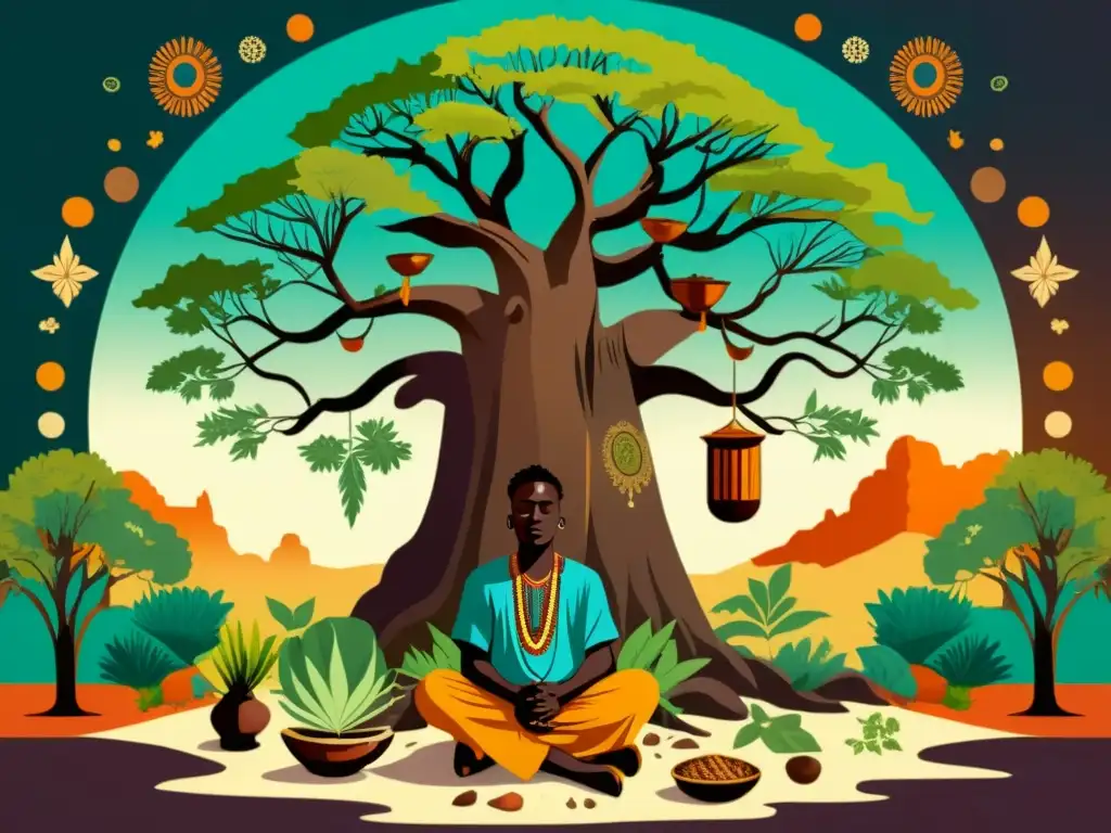 Un sabio sanador africano interpreta sueños bajo un majestuoso baobab, rodeado de plantas medicinales