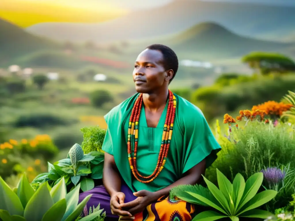 Un sabio sanador africano rodeado de hierbas medicinales en un paisaje exuberante