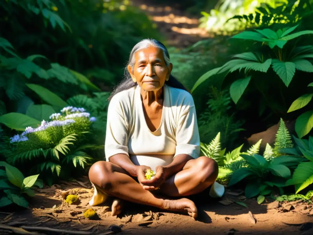 Un sabio sanador indígena preserva la medicina ancestral entre plantas medicinales, con gente diversa observando respetuosamente