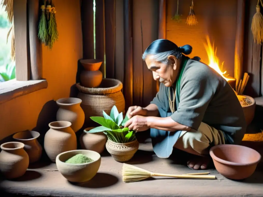 Un sabio sanador mapuche prepara medicina tradicional en una cabaña rústica, iluminada por una tenue luz