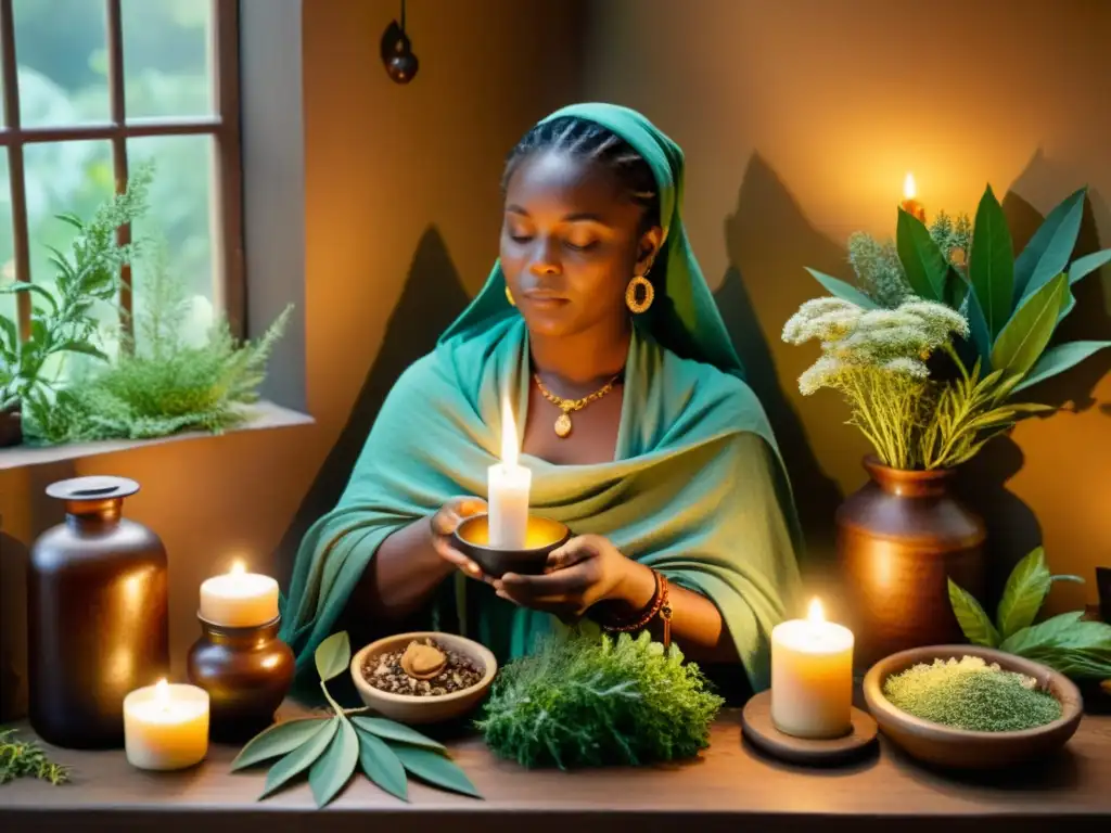 Un sabio sanador prepara medicina ancestral en un acogedor herbolario iluminado por velas, rodeado de hierbas medicinales