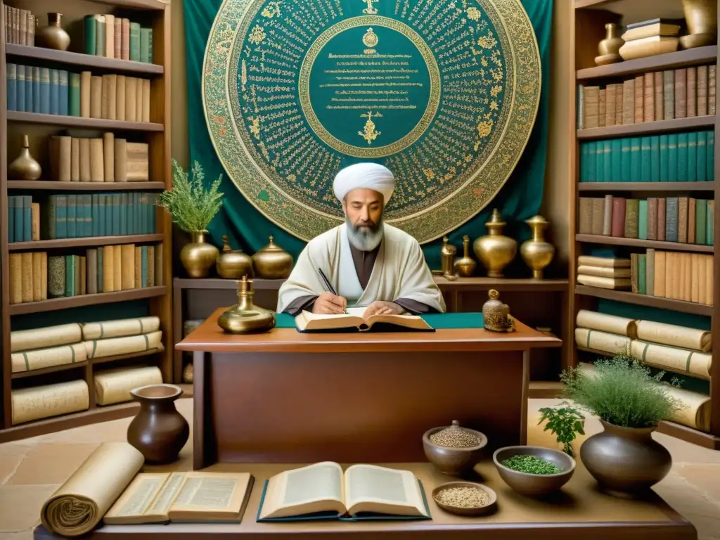 Avicenna en una sala de curación tradicional, rodeado de hierbas y textos antiguos, evocando la medicina tradicional en culturas