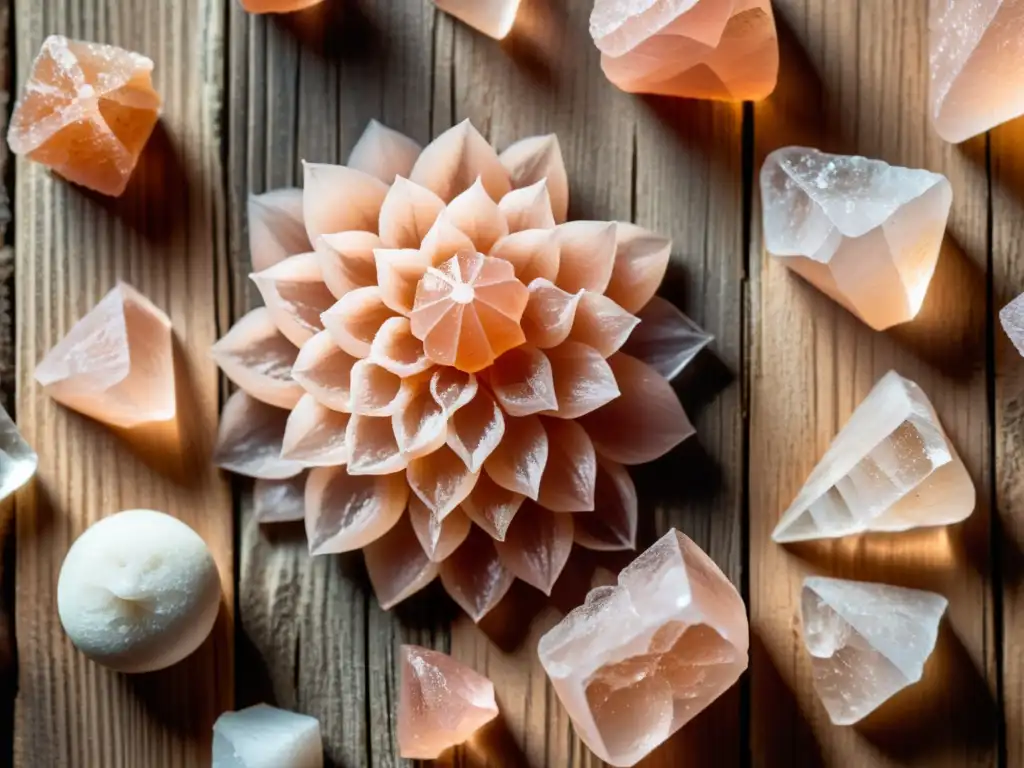 Sales del Himalaya beneficios terapéuticos: cristales rosados brillantes sobre madera rústica, bañados por luz suave y mostrando su belleza natural