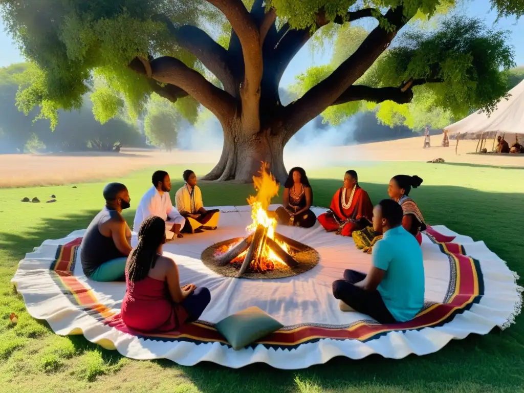 Sanación comunitaria en medicina tradicional: Personas en círculo bajo un árbol, con mantas coloridas, fuego y ritual de limpieza con hierbas y plumas