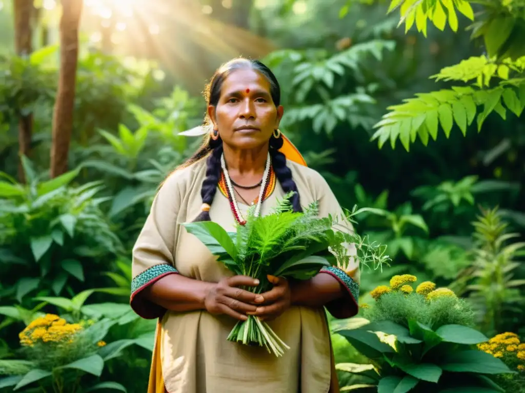 Sanación tradicional en destinos indígenas: un sanador ancestral entre plantas medicinales en un bosque exuberante y vibrante