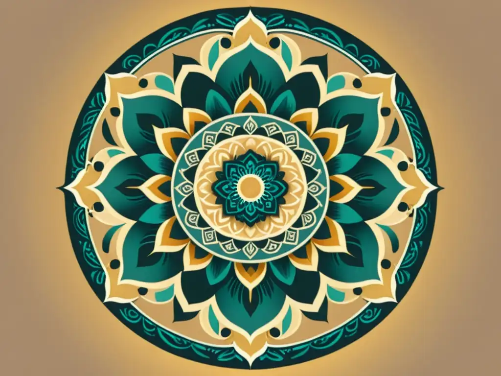 Sanación a través de mandalas: Intrincado mandala vintage dibujado a mano con patrones simétricos, detalles ornamentados y suaves sombras