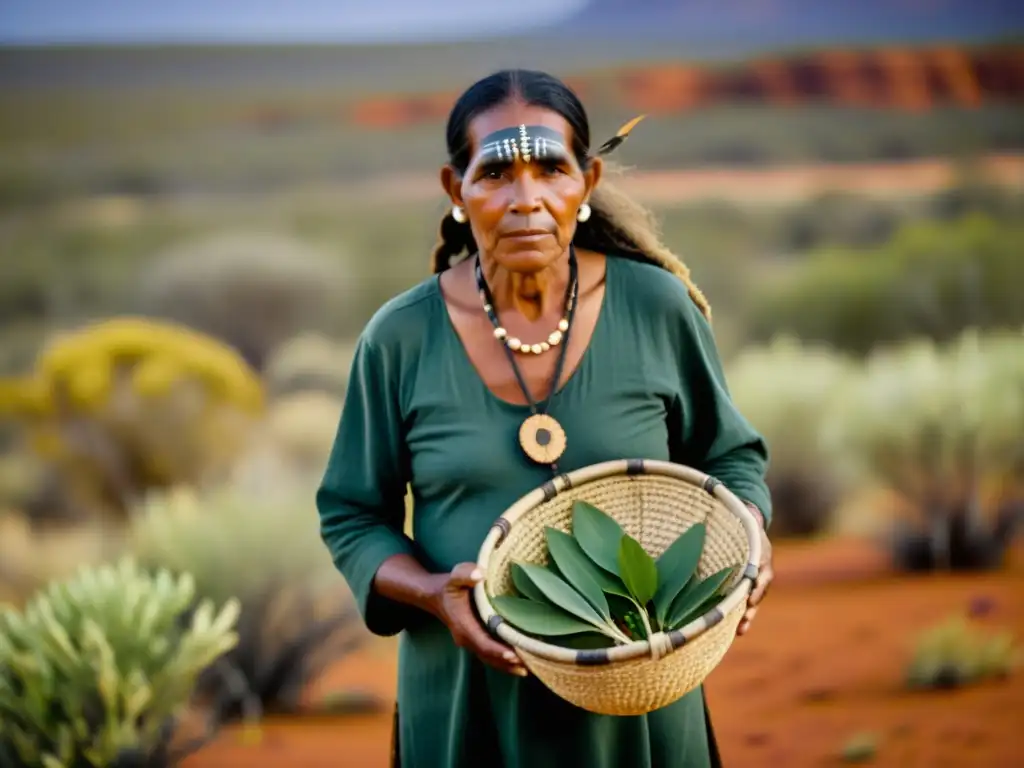 Un sanador aborigen australiano recolecta plantas medicinales en el vasto outback, conectado con la tierra y la medicina aborigen australiana