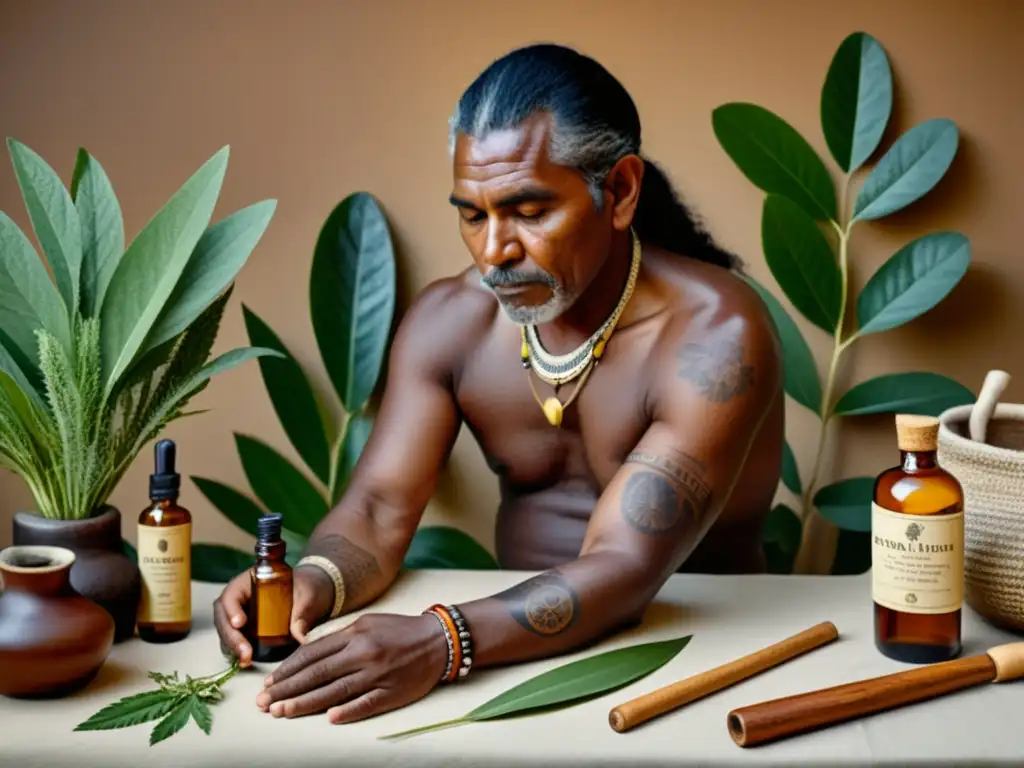 Un sanador aborigen aplica remedio herbal a la piel de un paciente, rodeado de instrumentos médicos y ilustraciones botánicas