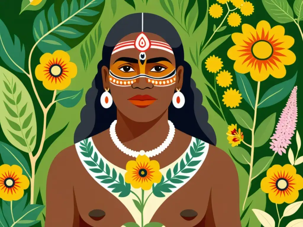 Un sanador aborigen prepara tratamientos dermatológicos con hierbas y remedios naturales, rodeado de exuberante vegetación y flores vibrantes