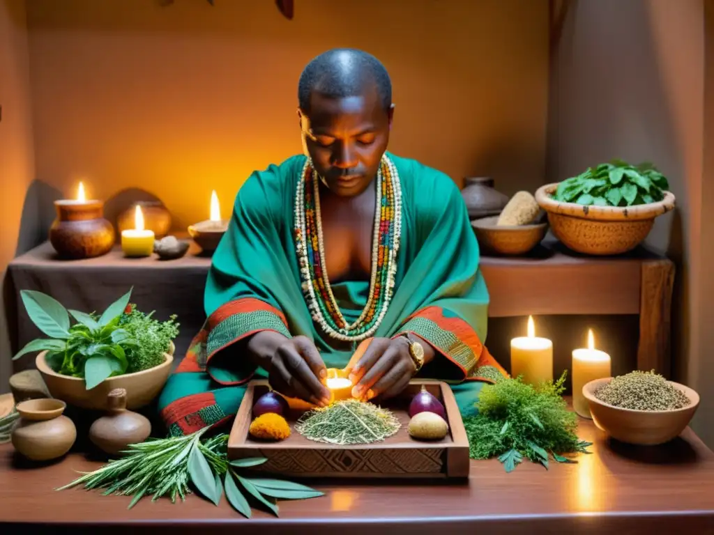 Un sanador africano selecciona hierbas para dietas curativas de medicina africana en una mesa de madera iluminada por velas