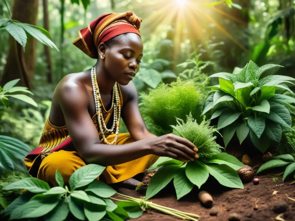 Un sanador africano recoge hierbas medicinales para cicatrizantes en un exuberante bosque, evocando reverencia y sabiduría