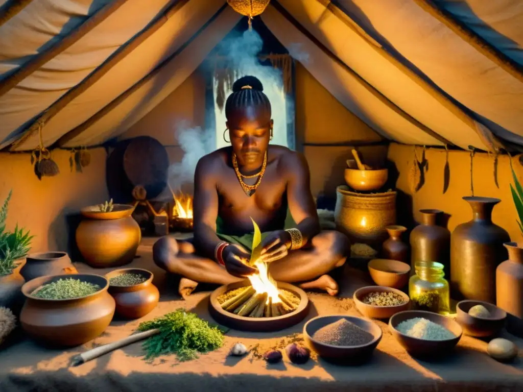 Un sanador africano prepara medicina herbal en una choza iluminada por el fuego