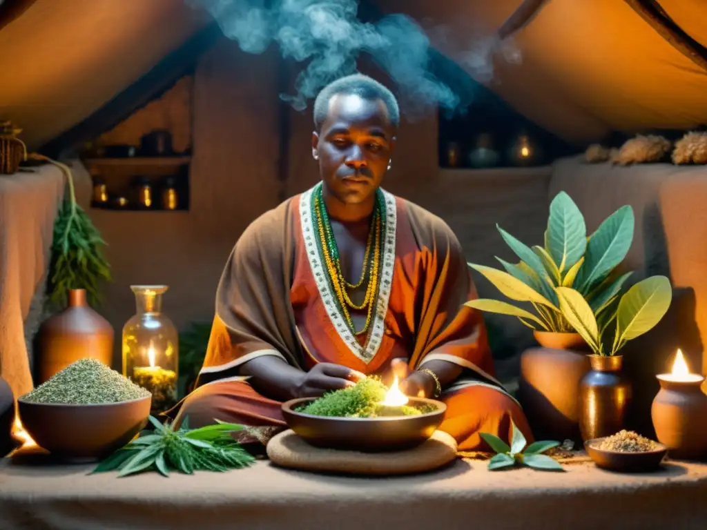 Un sanador africano prepara medicina tradicional rodeado de hierbas en una choza iluminada por velas