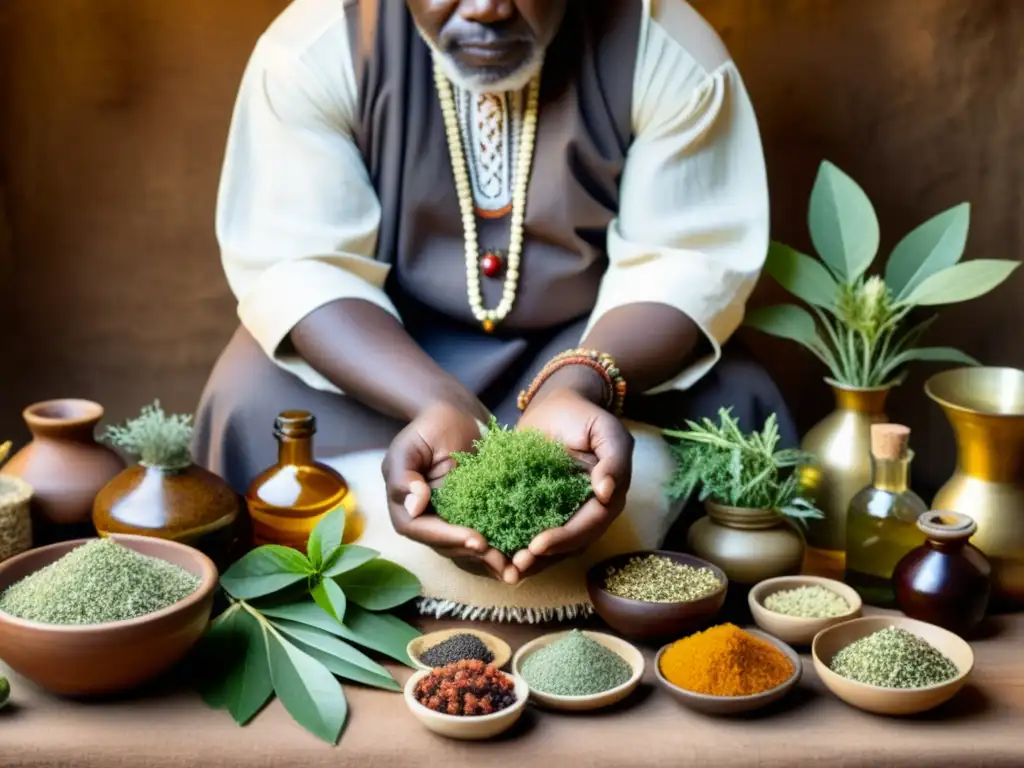 Curandero africano preparando remedios herbales Un sanador africano prepara medicina tradicional con hierbas medicinales en un entorno rústico y cálido