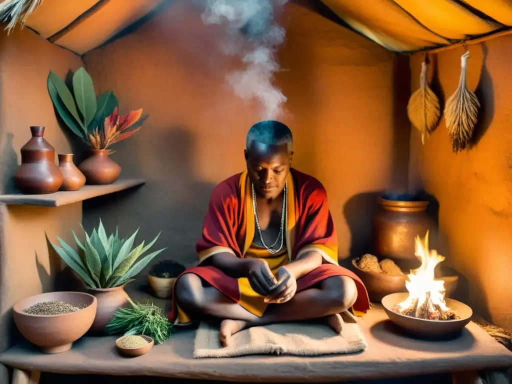 Un sanador africano prepara remedios herbales en una choza iluminada por el fuego, evocando la Medicina Tradicional Africana Estudios Contemporáneos