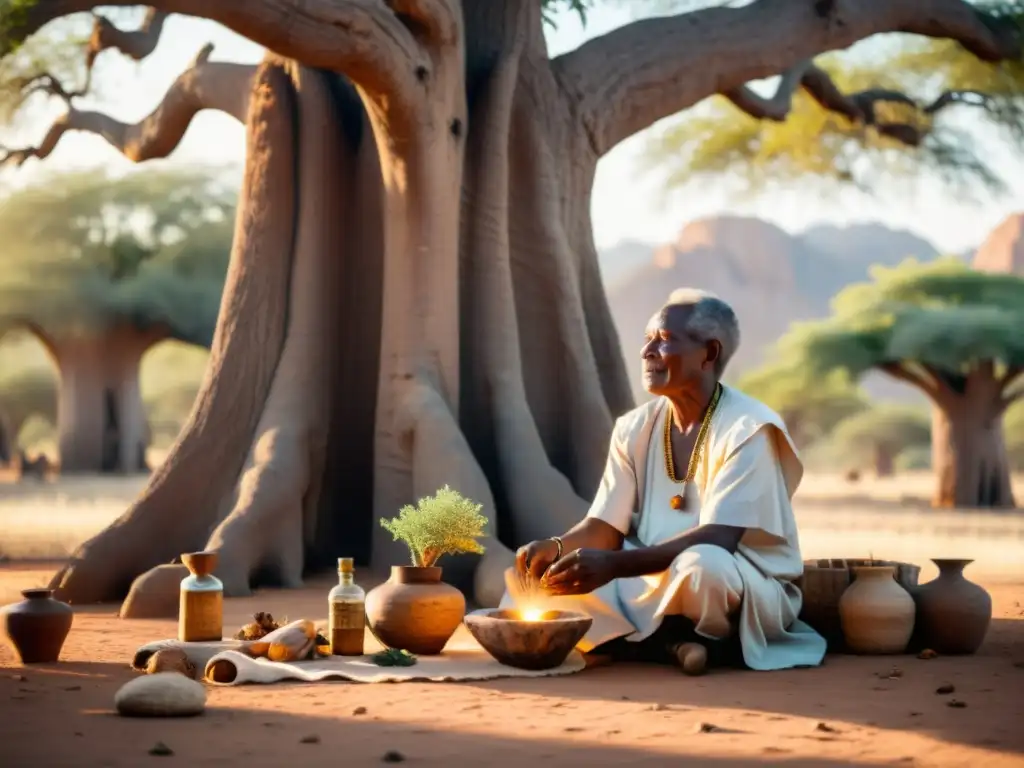 Sanador africano bajo baobab, realiza ritual curativo con paciente, evocando conexión espiritual y ancestral en medicina tradicional africana