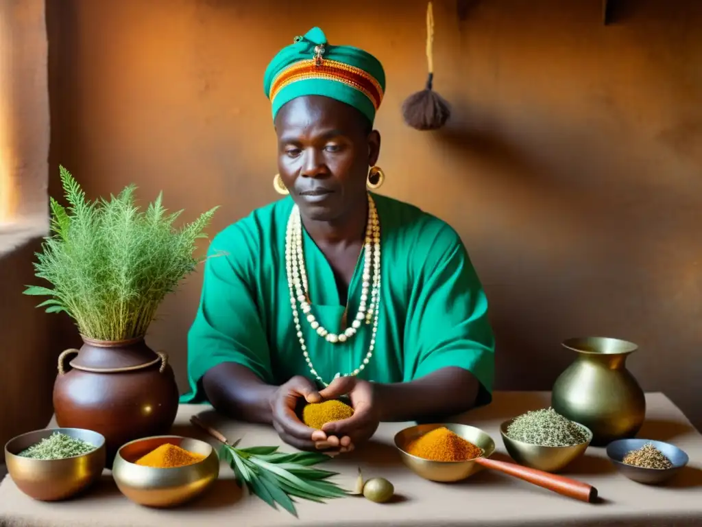 Sanador africano realiza un ritual rodeado de hierbas y herramientas, con luz cálida