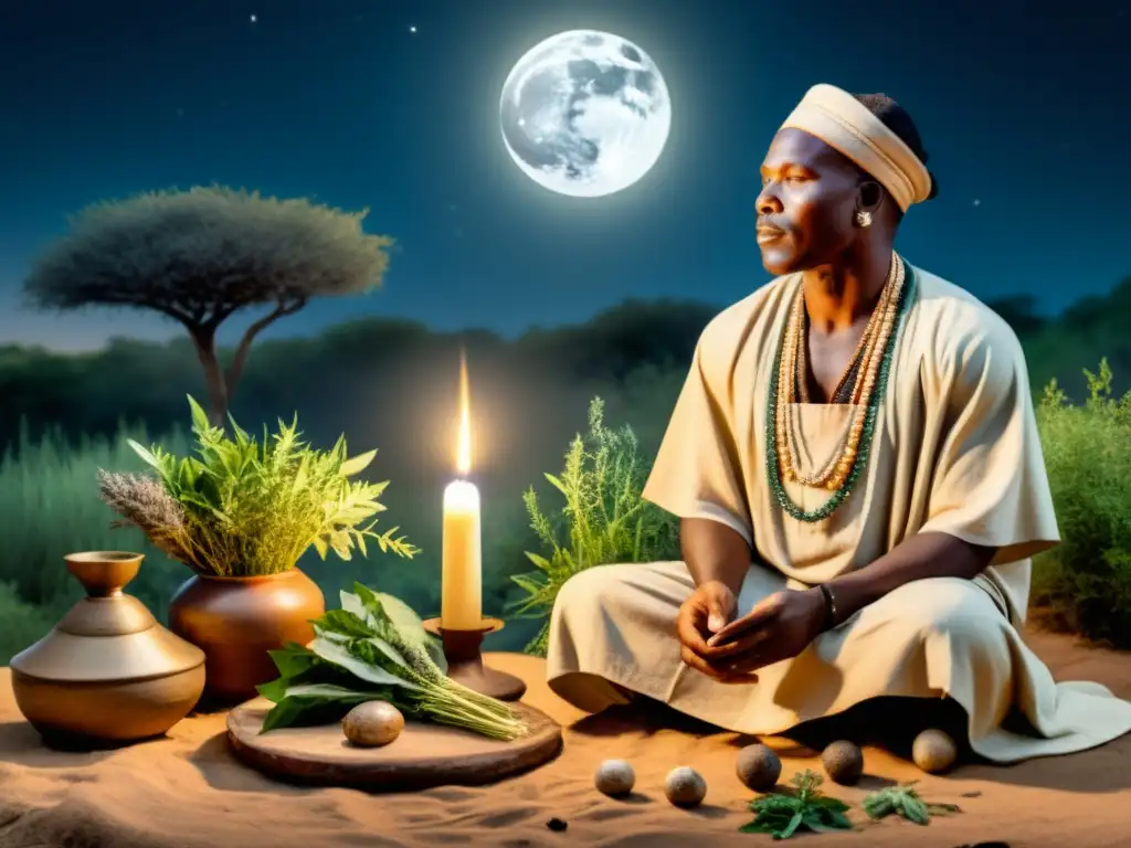 Un sanador africano realiza un ritual de sanación bajo el resplandor lunar, rodeado de hierbas medicinales y artefactos