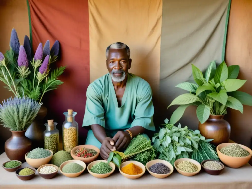 Curandero Africano: Sabiduría Herbal Un sanador africano tradicional seleccionando hierbas medicinales en un entorno natural, reflejando la riqueza de la medicina tradicional africana