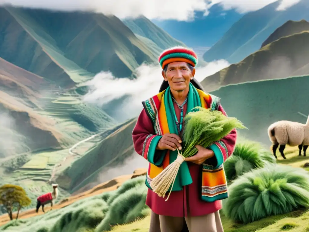 Un sanador andino recoge hierbas medicinales en la neblina de las montañas, rodeado de textiles de alpaca