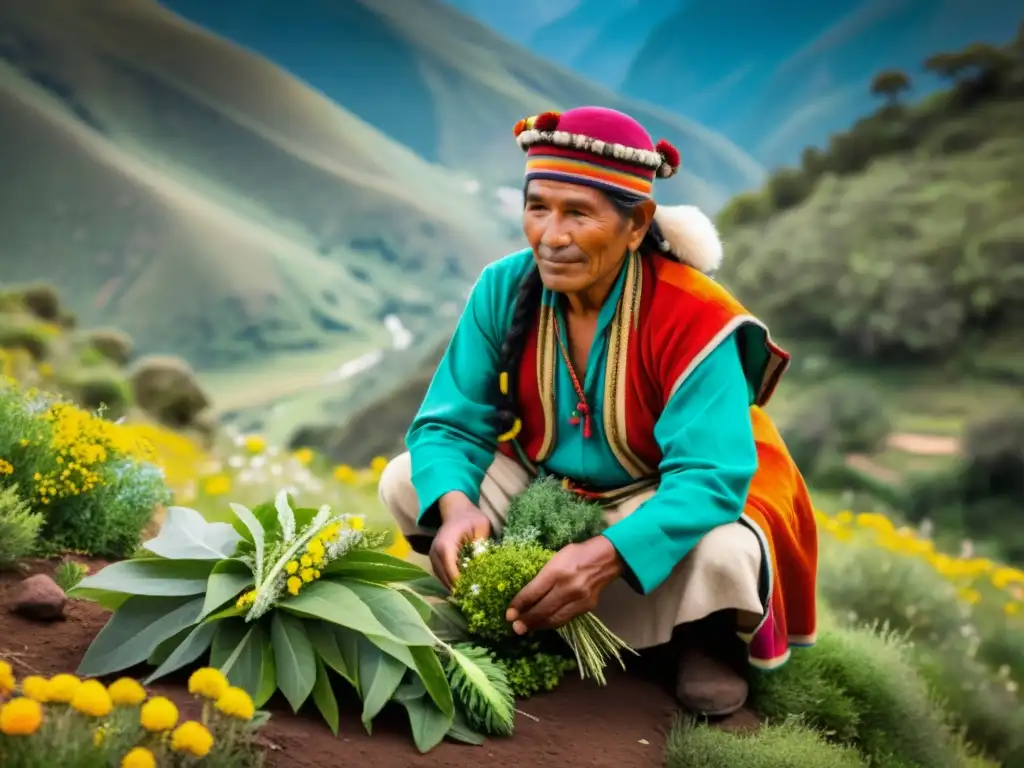 Un sanador andino recolecta hierbas medicinales en las montañas, conectando con la naturaleza