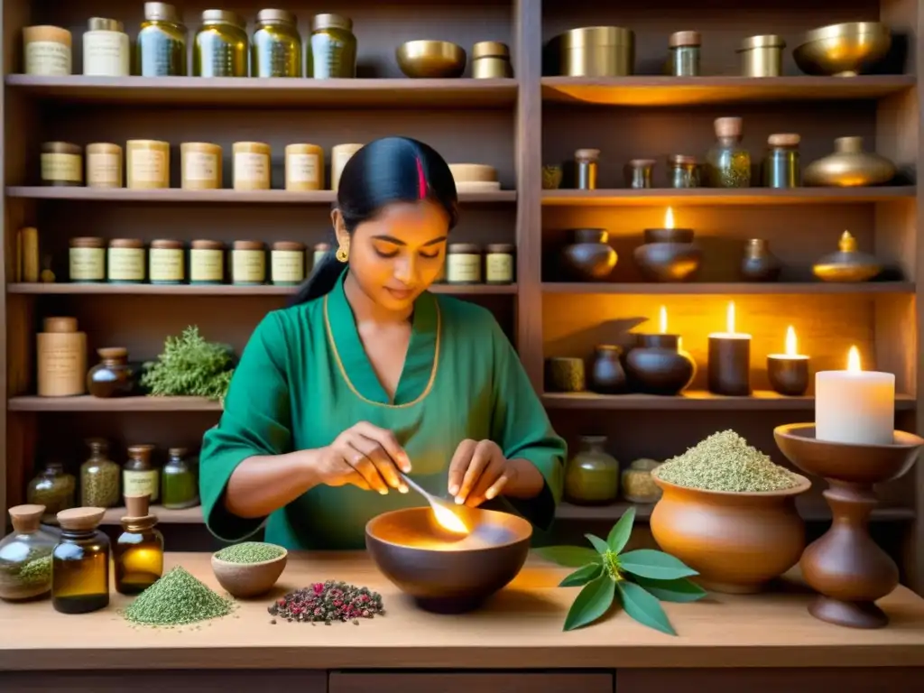 Un sanador ayurvédico prepara remedios herbales en un antiguo apotecario iluminado por velas, capturando la esencia de la medicina ayurvédica y teoría humoral