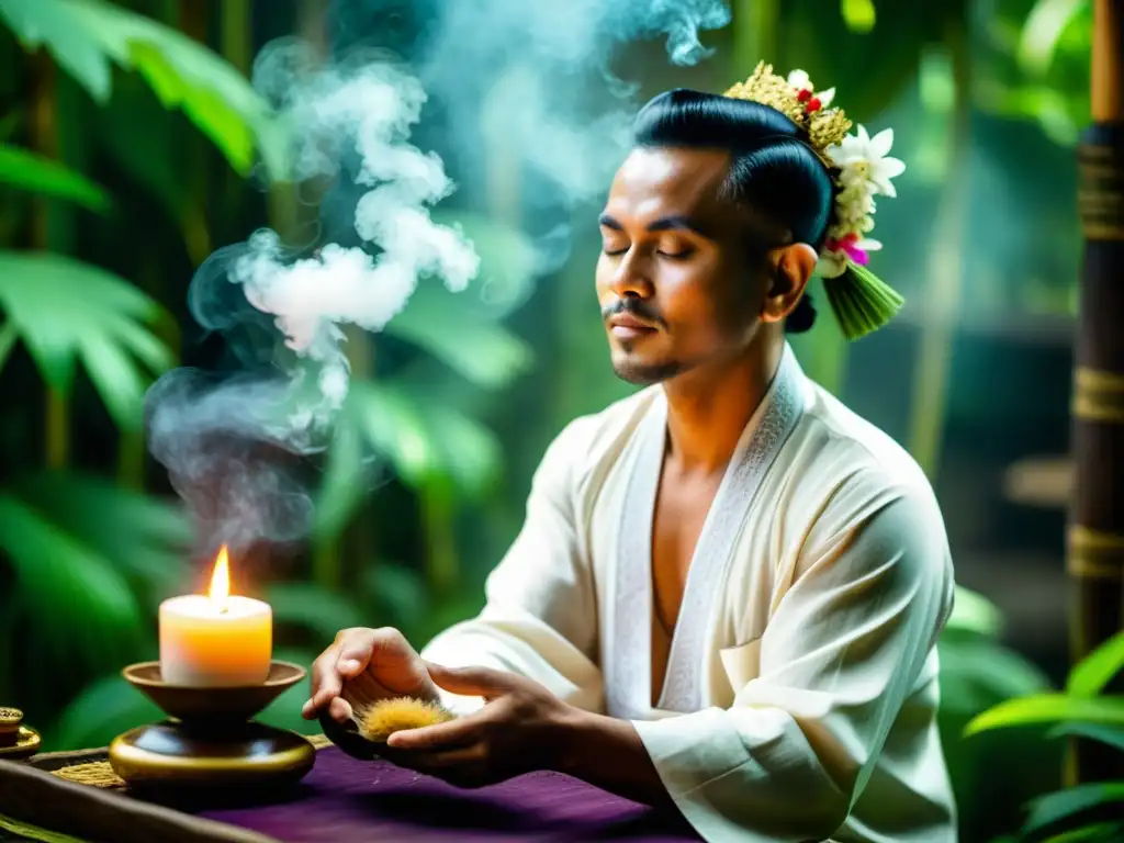 Un sanador balinés realiza una terapia holística en un entorno sereno y lleno de naturaleza, exudando tranquilidad y sabiduría ancestral