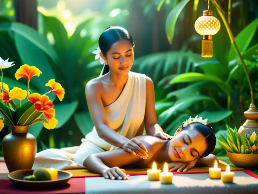 Un sanador balinés realiza una terapia holística rodeado de exuberante vegetación y flores vibrantes, bajo la cálido resplandor del sol