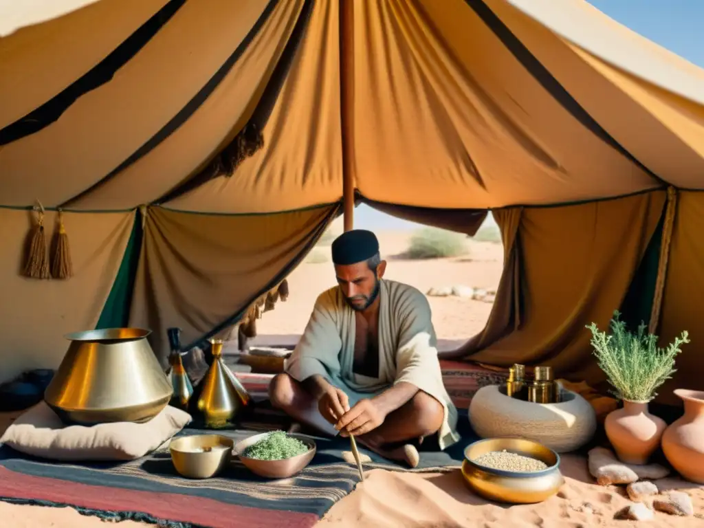 Un sanador beduino prepara una medicina tradicional rodeado de hierbas y herramientas en una tienda del desierto, bajo la cálida luz dorada