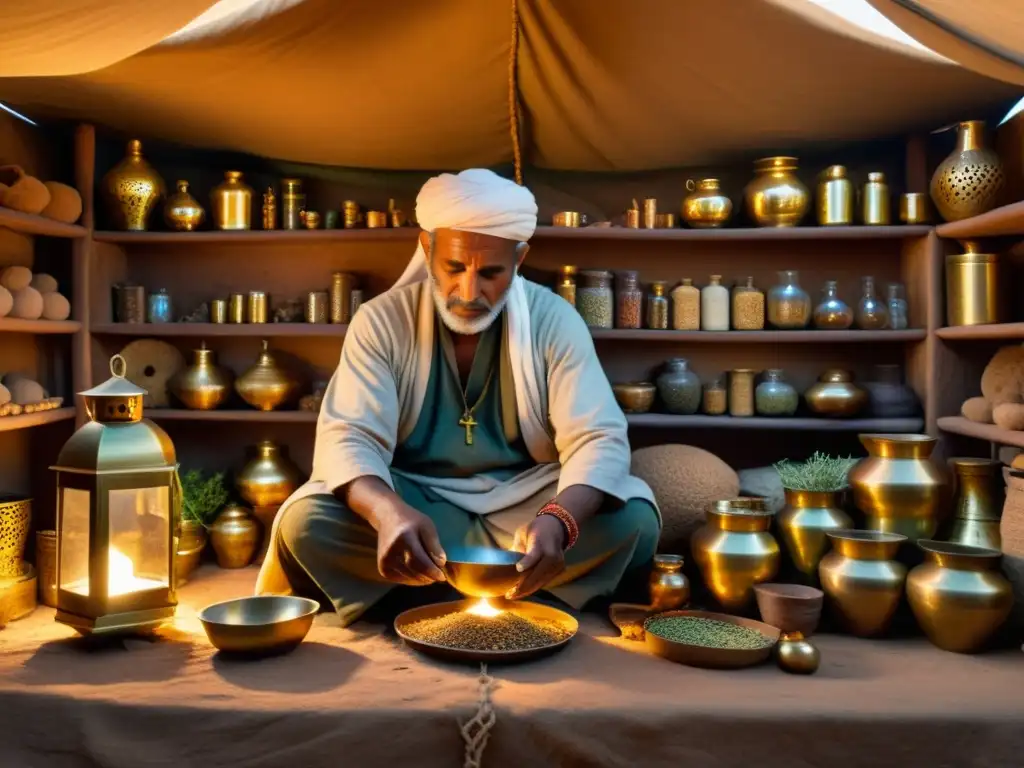 Un sanador beduino prepara remedios herbales en una tienda del desierto, iluminado por suave luz dorada