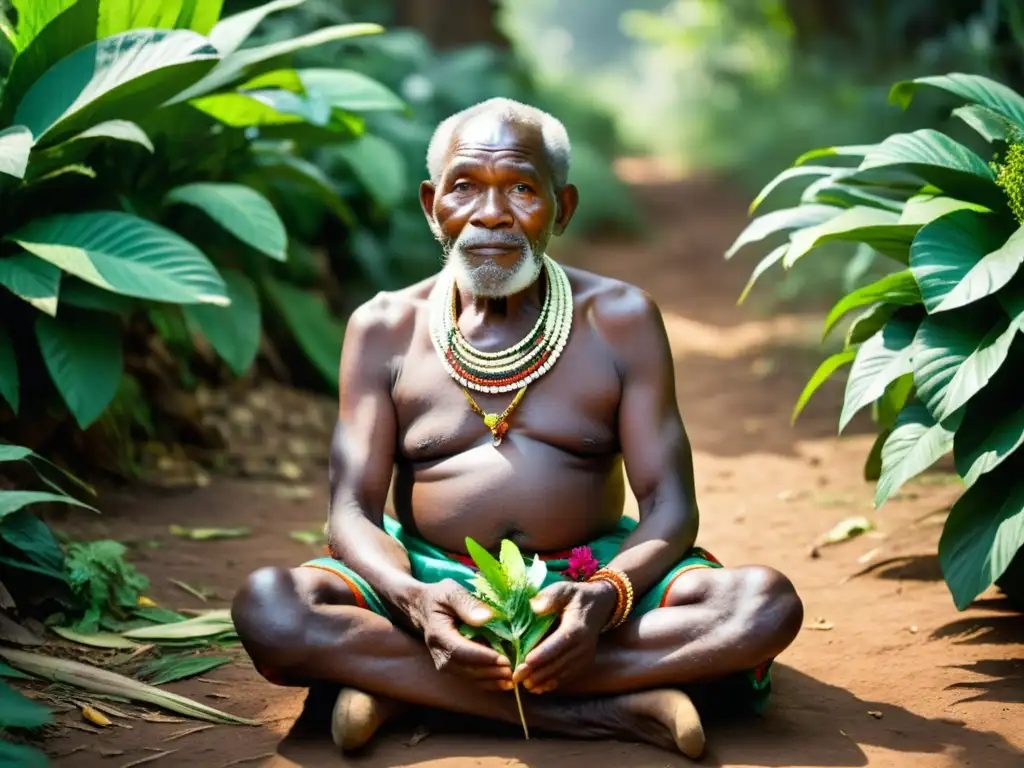 Un sanador congoleño anciano en la selva, rodeado de exuberante vegetación, lleva atuendo tradicional y sostiene hierbas y una máscara tallada