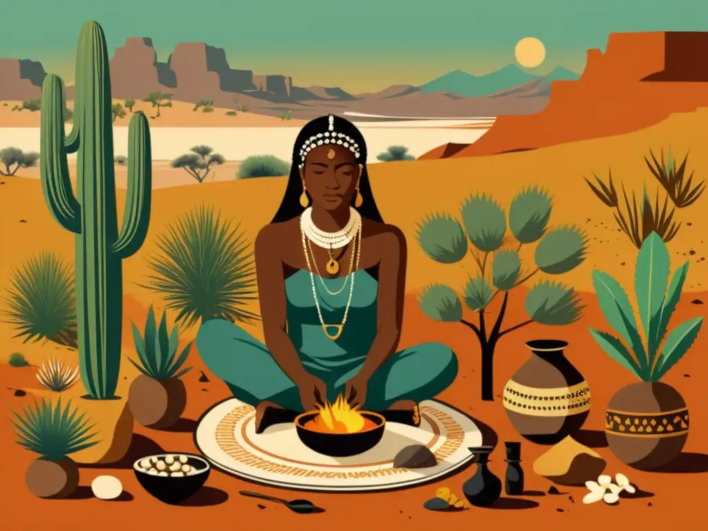 Un sanador del desierto realiza un ritual curativo rodeado de hierbas medicinales y herramientas, en una ilustración vintage que representa las prácticas medicinales de los pueblos nómadas africanos