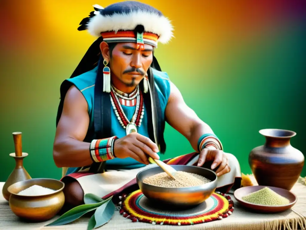 Un sanador inca prepara una poción curativa con quinua, rodeado de hierbas y herramientas tradicionales