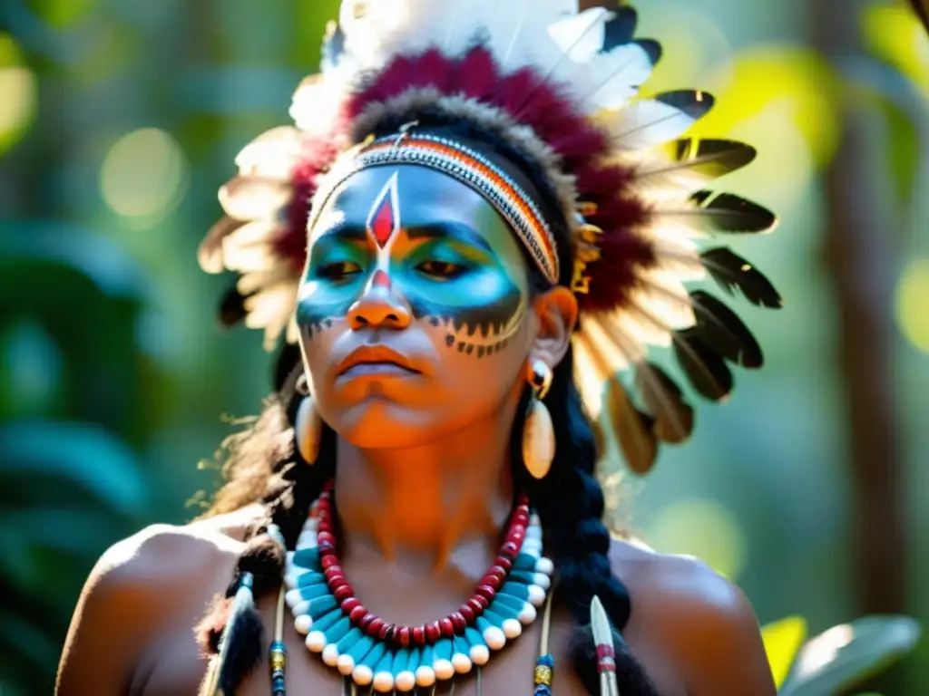 Un sanador indígena realiza una ceremonia rodeado de instrumentos musicales, en un bosque vibrante